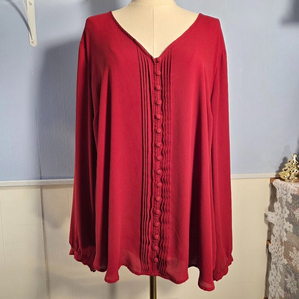 Torrid Size 3 Red V Neck Longsleeve Button Up Chiffon Holiday Dressy Blouse